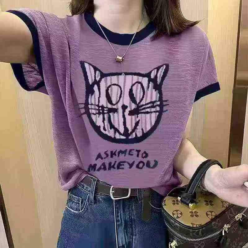 220 Pcs Letter Cat Print Casual Slub Cotton T-shirts - Image 1