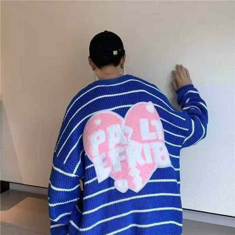 Autumn Winter Unisex Original Brand Contrast Stripe Flocked Oversized Crew Neck Sweater, 720 Pieces - Image 1