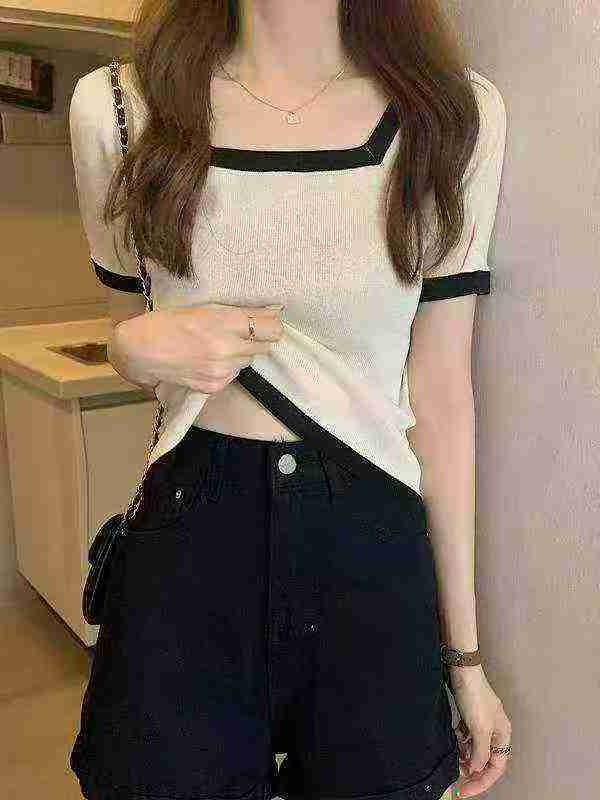 Summer New Plus Size Loose Square Neck Ice Silk Knit Short Sleeve T-shirt, 4300 Pieces - Image 1