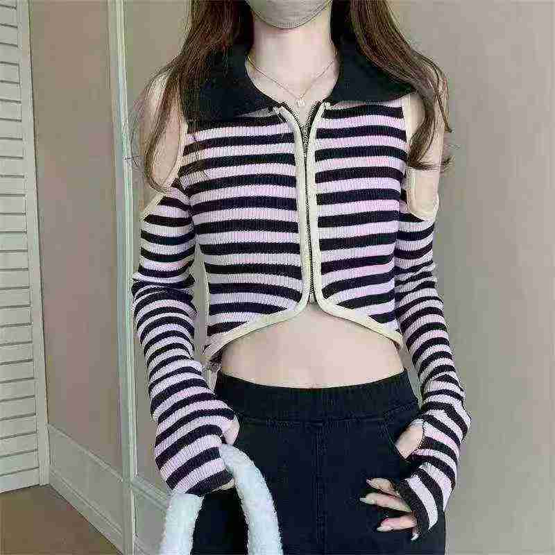 Spring Autumn New Off-shoulder Polo Collar Color-block Stripe Knit Zip Cardigan, 3070pcs, Individual Pack - Image 1
