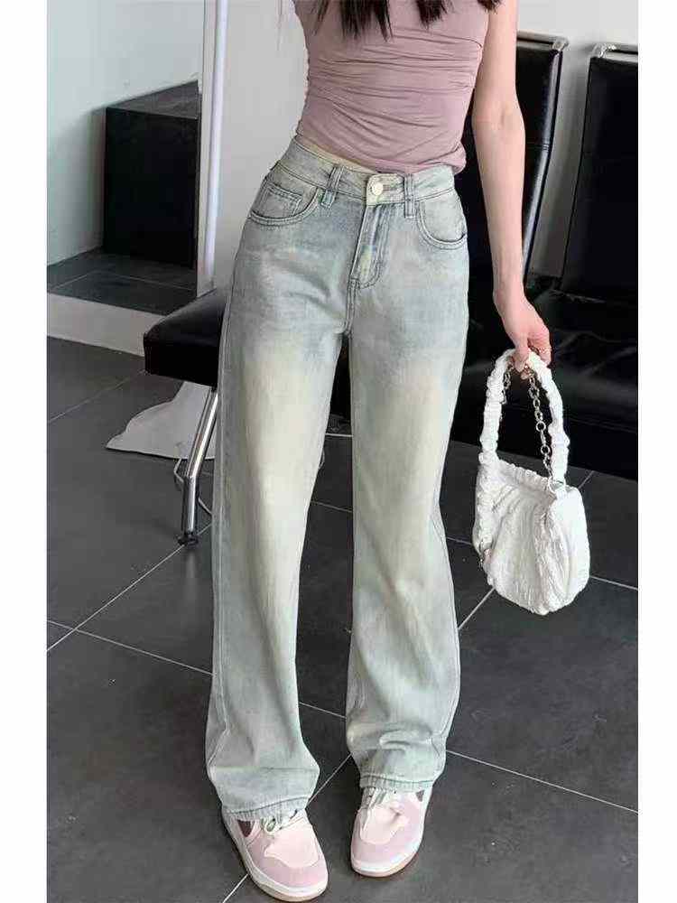 295 Peças Novos Jeans de Perna Larga de Algodão Lavado Retrô Primavera-Verão - Image 1