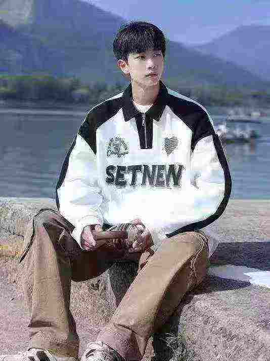 Jaket Sweatshirt Kolar Polo Longgar Rekaan Tampalan Separuh Zip Gaya Vintaj Lelaki 230 Keping - Image 1