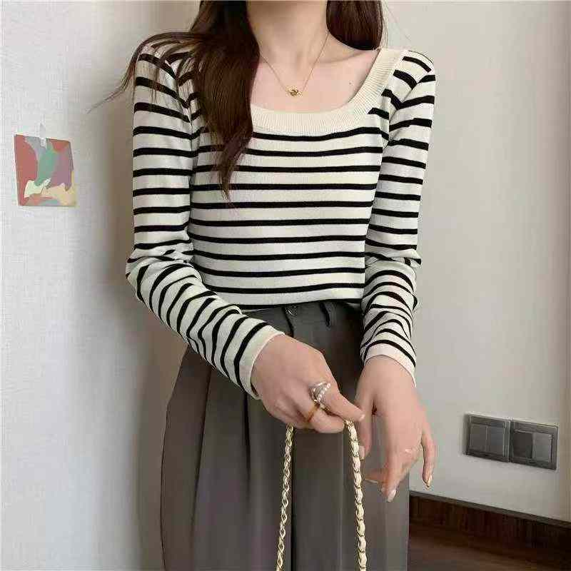 Spring Autumn Retro Color-block Stripe French U-neck Long Sleeve Knit Pullover Sweater, 420 Pieces - Image 1