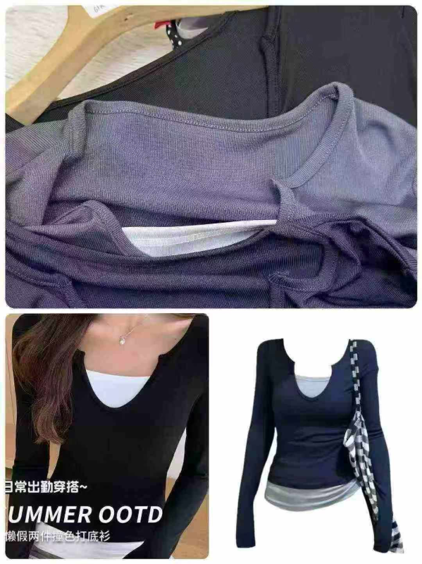 6000 PCS Women's Fake Two-piece Long Sleeve Slim T-shirt - Image 1