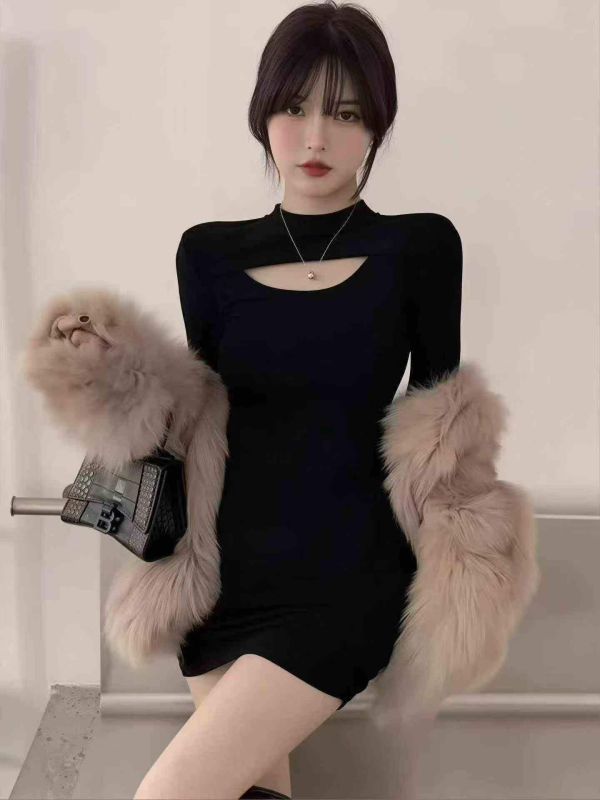 600件 春季褶皱长袖修身包臀连衣裙 - Image 1