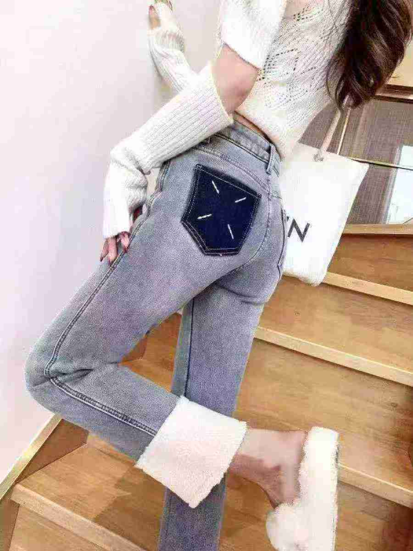 Autumn Winter New High Waist Patchwork Fleece Straight Cigarette Jeans, 145pcs, S-XL, Individual Packing With Tag - Image 1