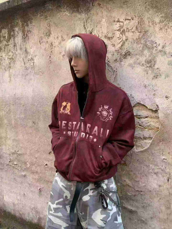About 120pcs Retro Hip-hop Unisex Suede Zip-up Hooded Cardigan Sweatshirts - Image 1
