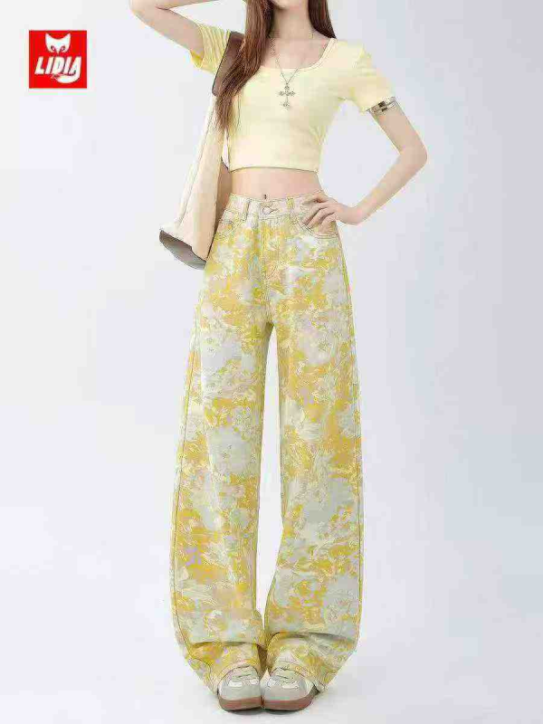 Unisex Yellow Tie Dye Printed High Waist Wide Leg Jeans, About 256 Pcs, Size L-3XL - Image 1
