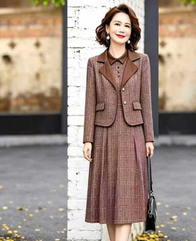 Spring Autumn 2-Piece Women Tweed Style Coat & Long Sleeve Dress 407 Sets Stock Wholesale - Image 1