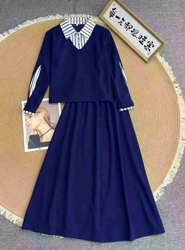 507 to'plam moda uslubidagi polo yoqali chiziqli soxta ikki qismli kiyim to'plami M-4XL - Image 1