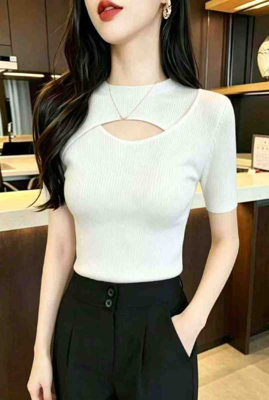Nouveau T-shirt d'été à manches courtes en maille stretch ajusté, avec découpes ajourées et coupe irrégulière, 473 pièces - Image 1