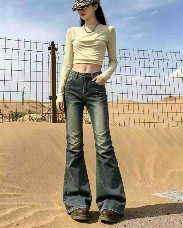 Primavera-Verão Novos Jeans Curvos Micro-Flare Soltos de Algodão Lavado Retrô Americano, 303 Peças Tamanhos S-2XL - Image 1