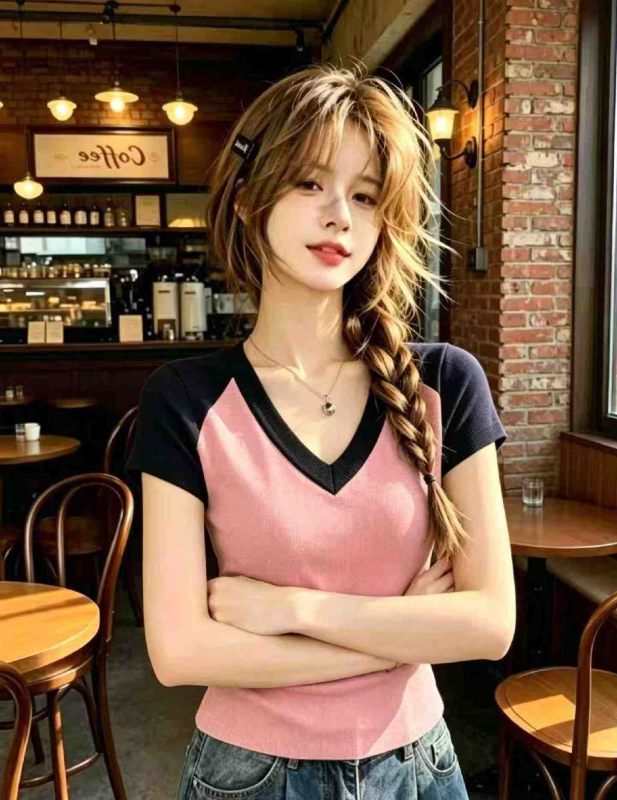 Áo thun dệt kim ôm dáng cổ V lụa đá tay raglan tương phản mùa hè, 435 chiếc - Image 1