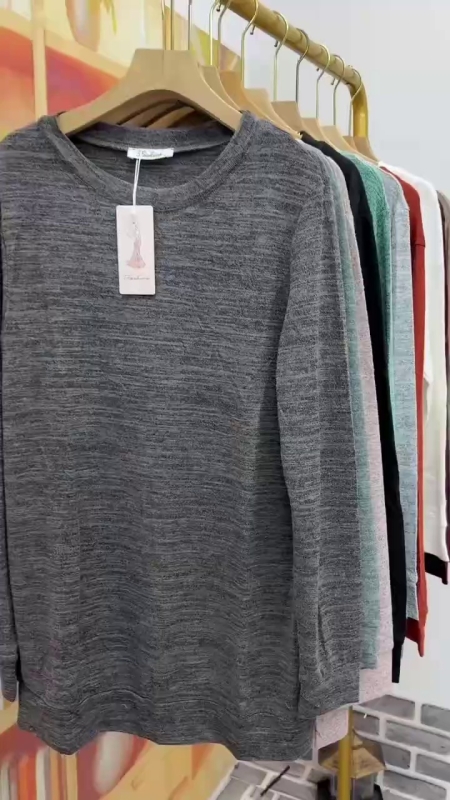 1500 Peças de Top Ajustado Feminino de Primavera e Outono, Cor Sólida, Gola Redonda, Manga Longa - Image 1
