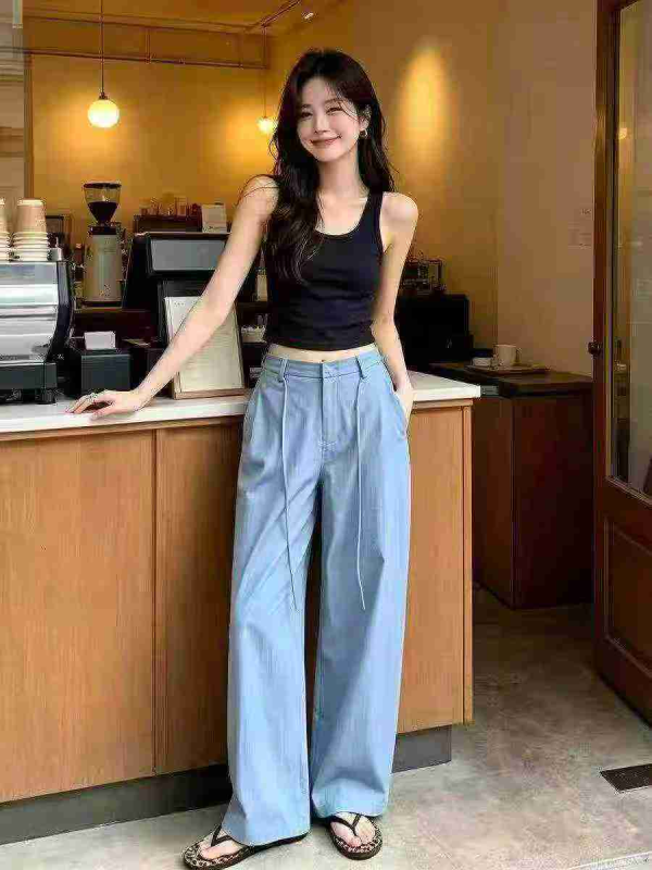 534 Dona Ayollarning Yozgi Koreyscha Yuqori Belli Tensel Cho'ziluvchan Denim Keng Oyoqli Shimlari - Image 1