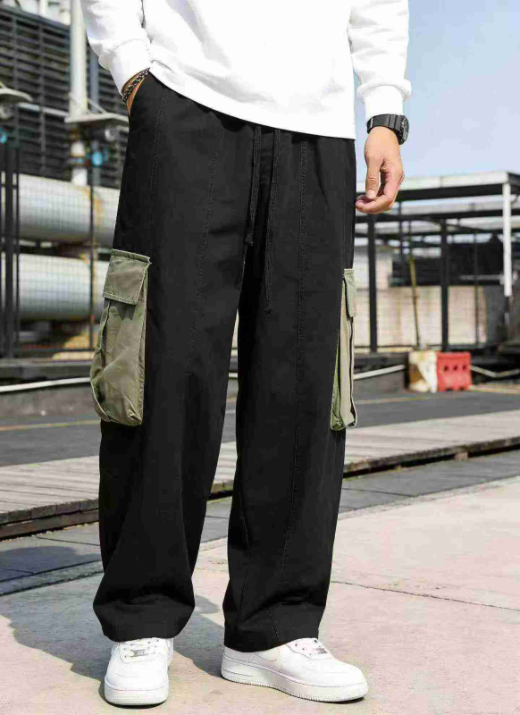 911 Peças Calças Cargo Casuais de Algodão Lavado com Blocos de Cor e Bolso - Image 1