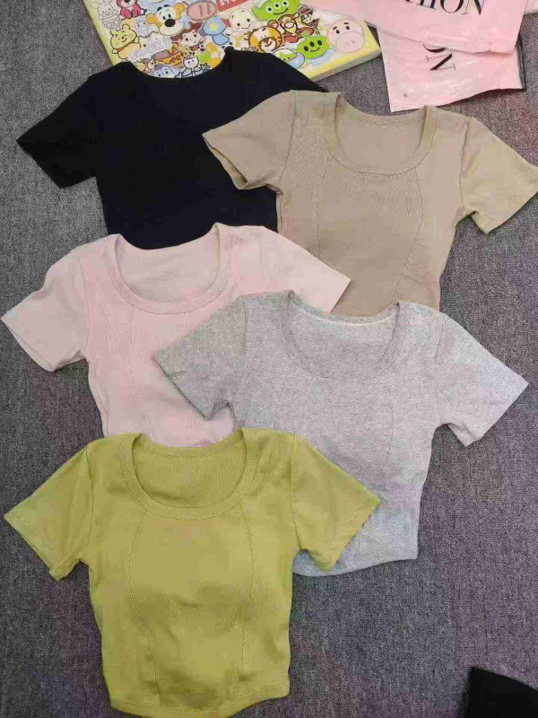 2480 Pcs 2026 Spring Summer New High Quality Women's Cropped Fishbone Short Sleeve T-Shirt - Image 1