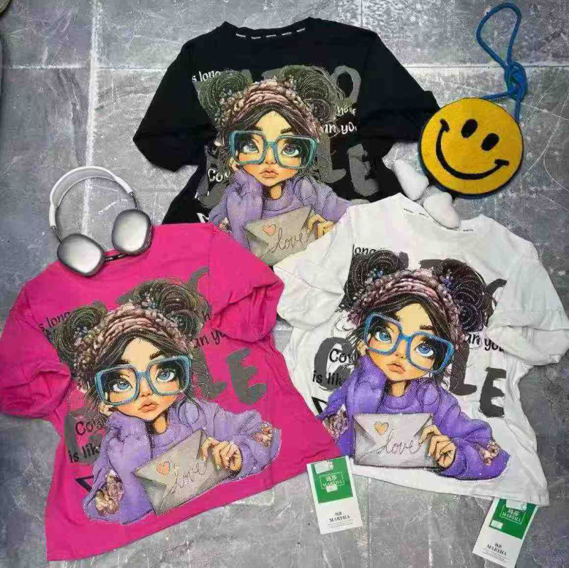 6000 Pcs Heavy Rhinestone Cartoon Print Loose Cotton Short Sleeve T-shirts - Image 1