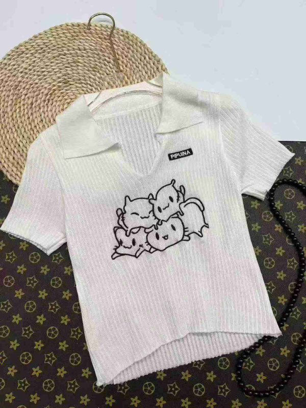 Women's Sexy Cropped Collar Knit Short Sleeve Tops, Embroidered White, About 1480 Pieces, One Size - Image 1