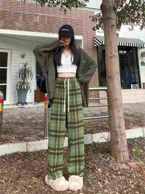 117 Piezas Pantalones Casuales de Lana a Cuadros Estilo Vintage Relajado - Image 1