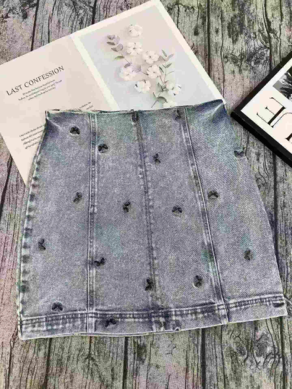 1109 Pcs Women's Heavy Butterfly Embroidered High Waist A-line Denim Mini Skirt - Image 1