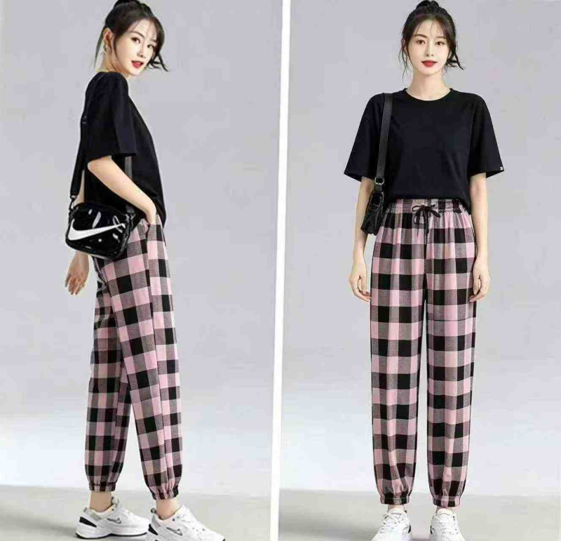 239 Pcs Trendy High Waisted Plaid Jogger Pants - Image 1
