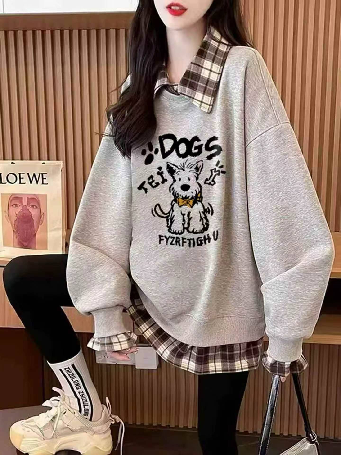 Plaid Patchwork Fake Two-piece New Loose Sweatshirt for Teen Girls, Spring Autumn, S-3XL, About 800 Pieces - Image 2