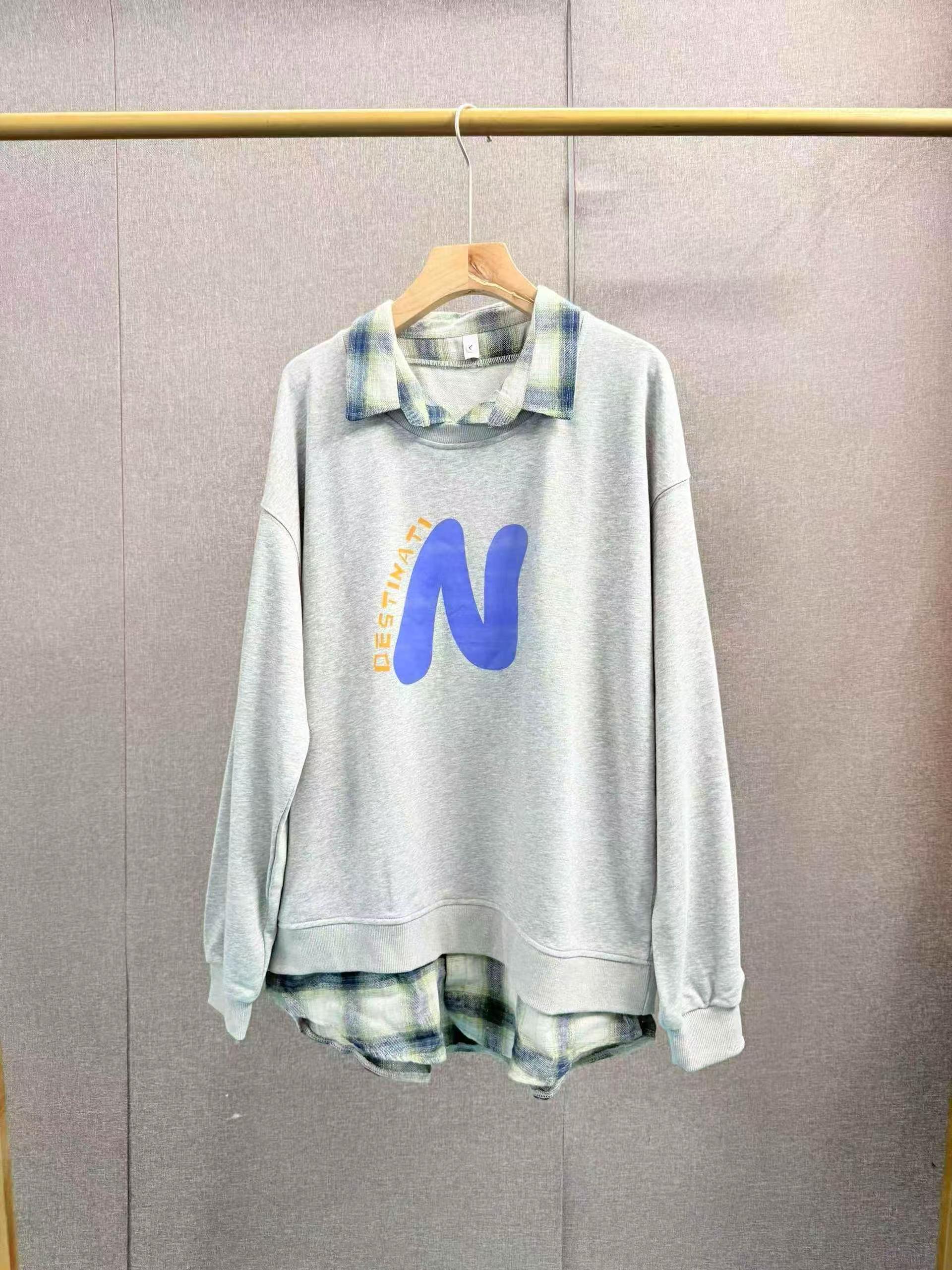 Plaid Patchwork Fake Two-piece New Loose Sweatshirt for Teen Girls, Spring Autumn, S-3XL, About 800 Pieces - Image 7
