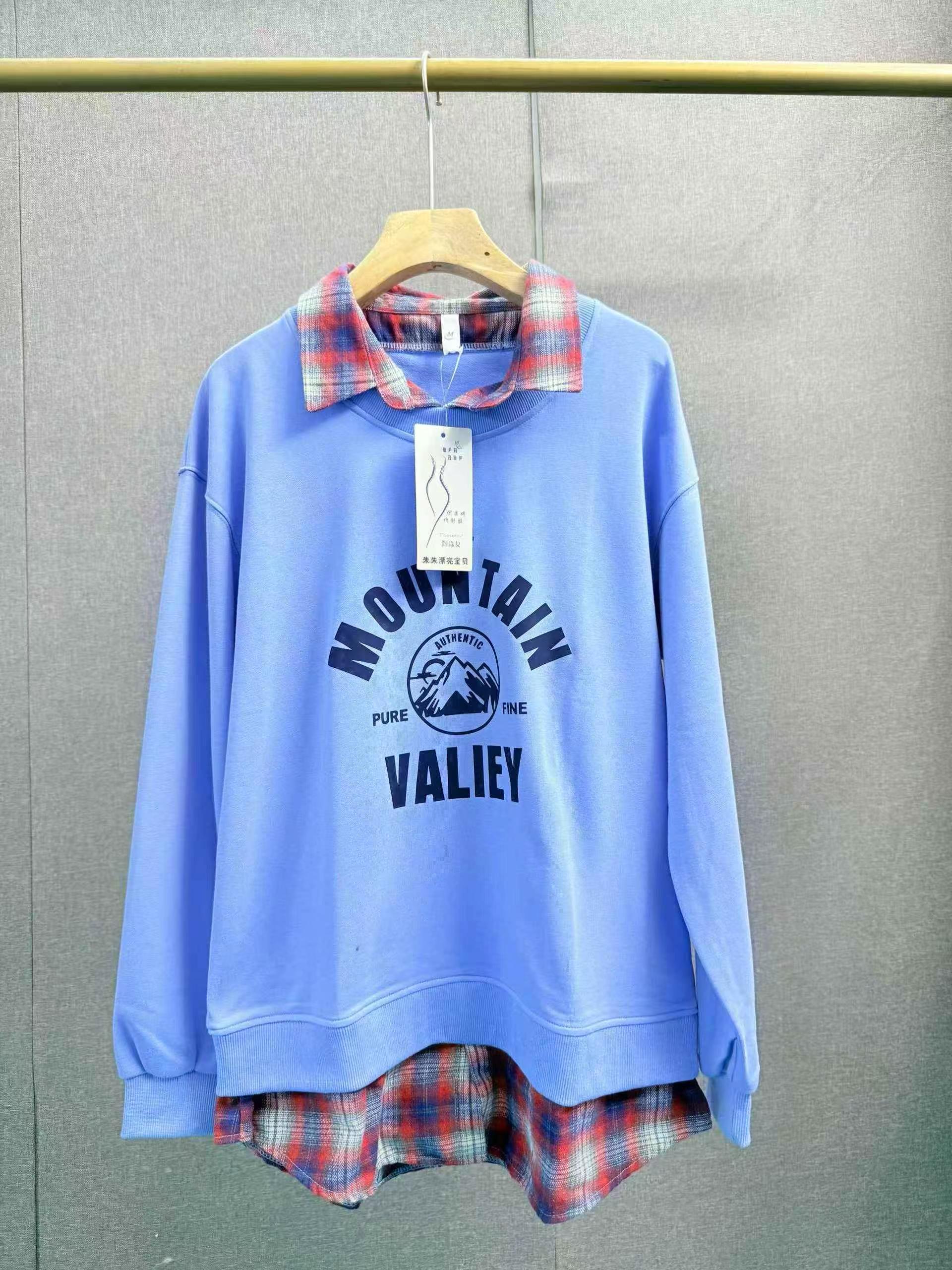 Plaid Patchwork Fake Two-piece New Loose Sweatshirt for Teen Girls, Spring Autumn, S-3XL, About 800 Pieces - Image 9