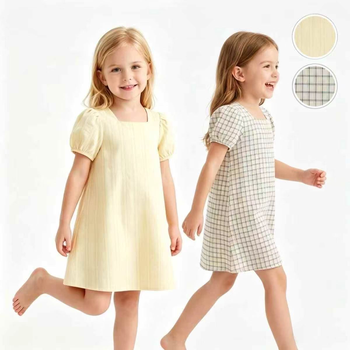 100% Cotton Girls Square Neck Puff Sleeve Back Bow Tie Short Sleeve A-line Dress, Approx 500 Pieces, Size 80-140 - Image 2