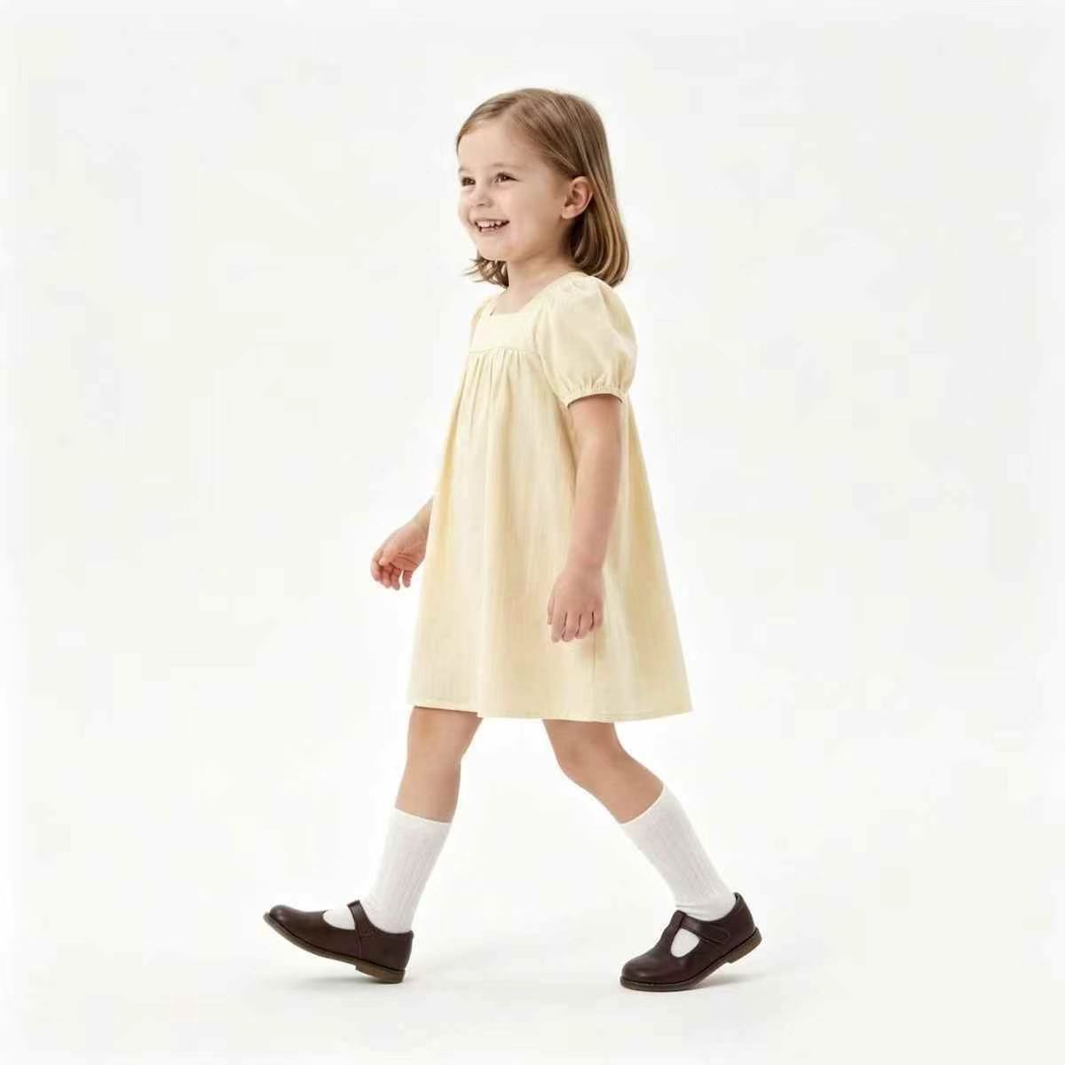 100% Cotton Girls Square Neck Puff Sleeve Back Bow Tie Short Sleeve A-line Dress, Approx 500 Pieces, Size 80-140 - Image 4