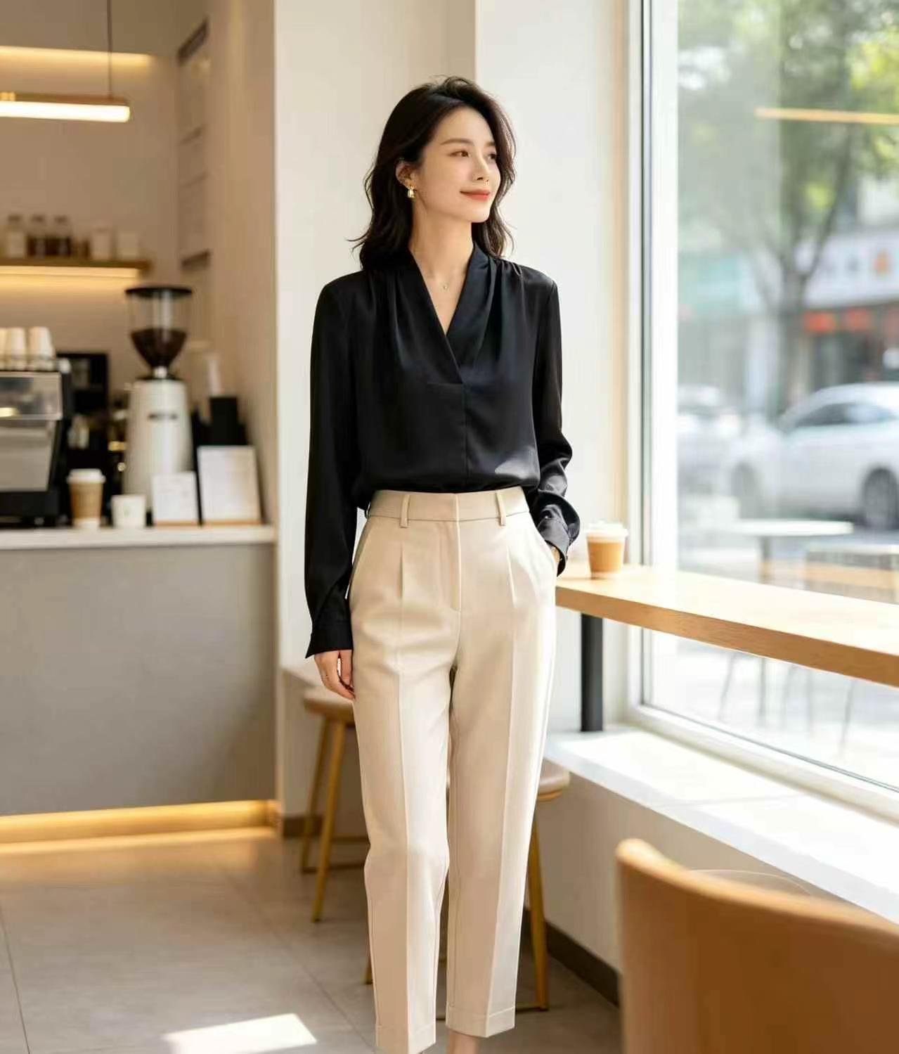 Black V-neck Draped Long Sleeve Women's Blouse, 440 Pieces, Only Size S - Image 2