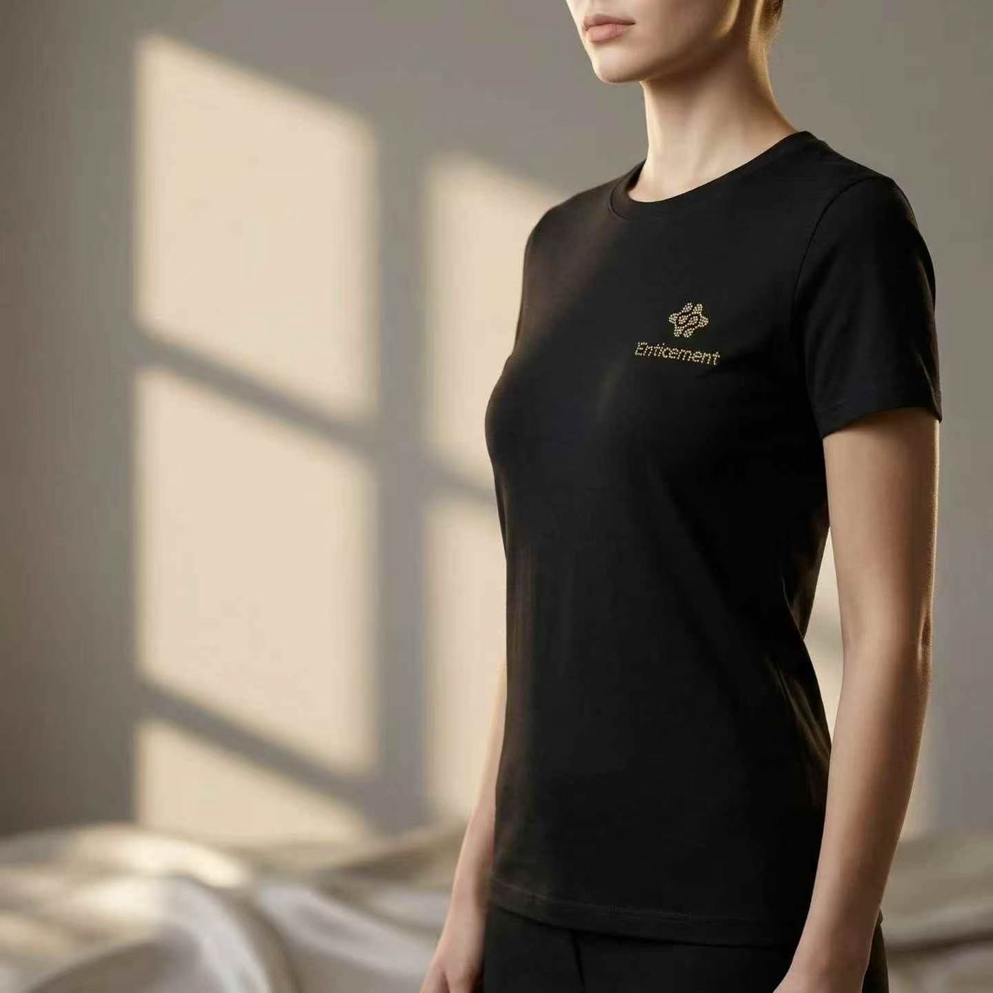 Gift Box Packed Cotton Black Rhinestone Women's Short Sleeve Top Size M-XL 1500+ Boxes - Image 2