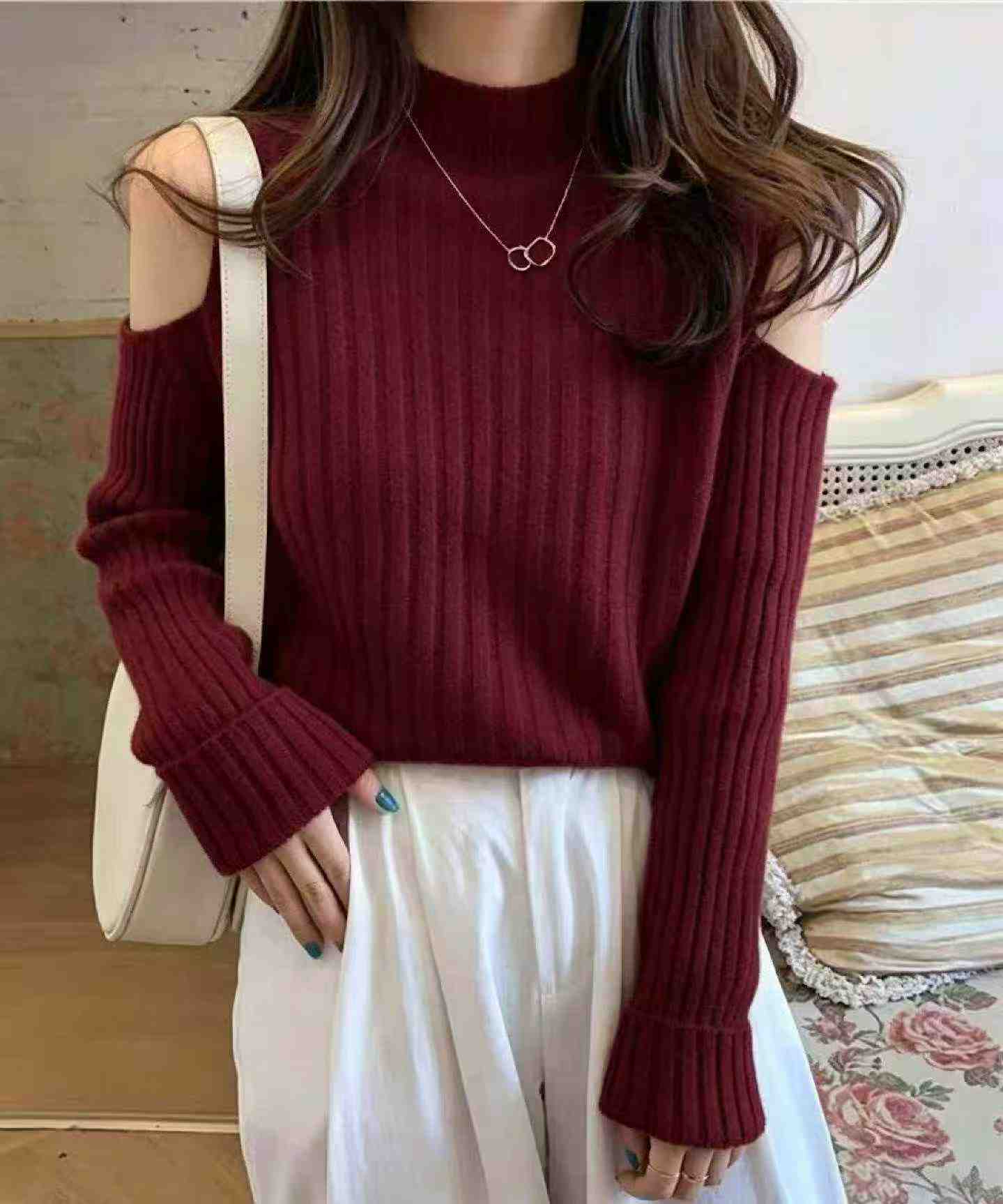 Nouveau pull côtelé ajusté à épaules nues pour l'automne et l'hiver, taille unique, 260 pièces - Image 7