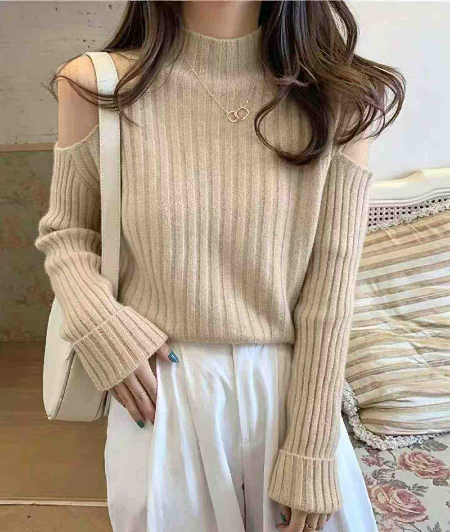 Nouveau pull côtelé ajusté à épaules nues pour l'automne et l'hiver, taille unique, 260 pièces - Image 8