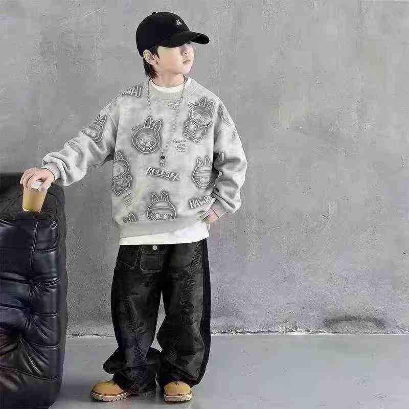 Environ 670 pièces Sweat à col ras du cou faux deux-pièces Labubu de haute qualité pour grands enfants, adapté au printemps et à l'automne - Image 2