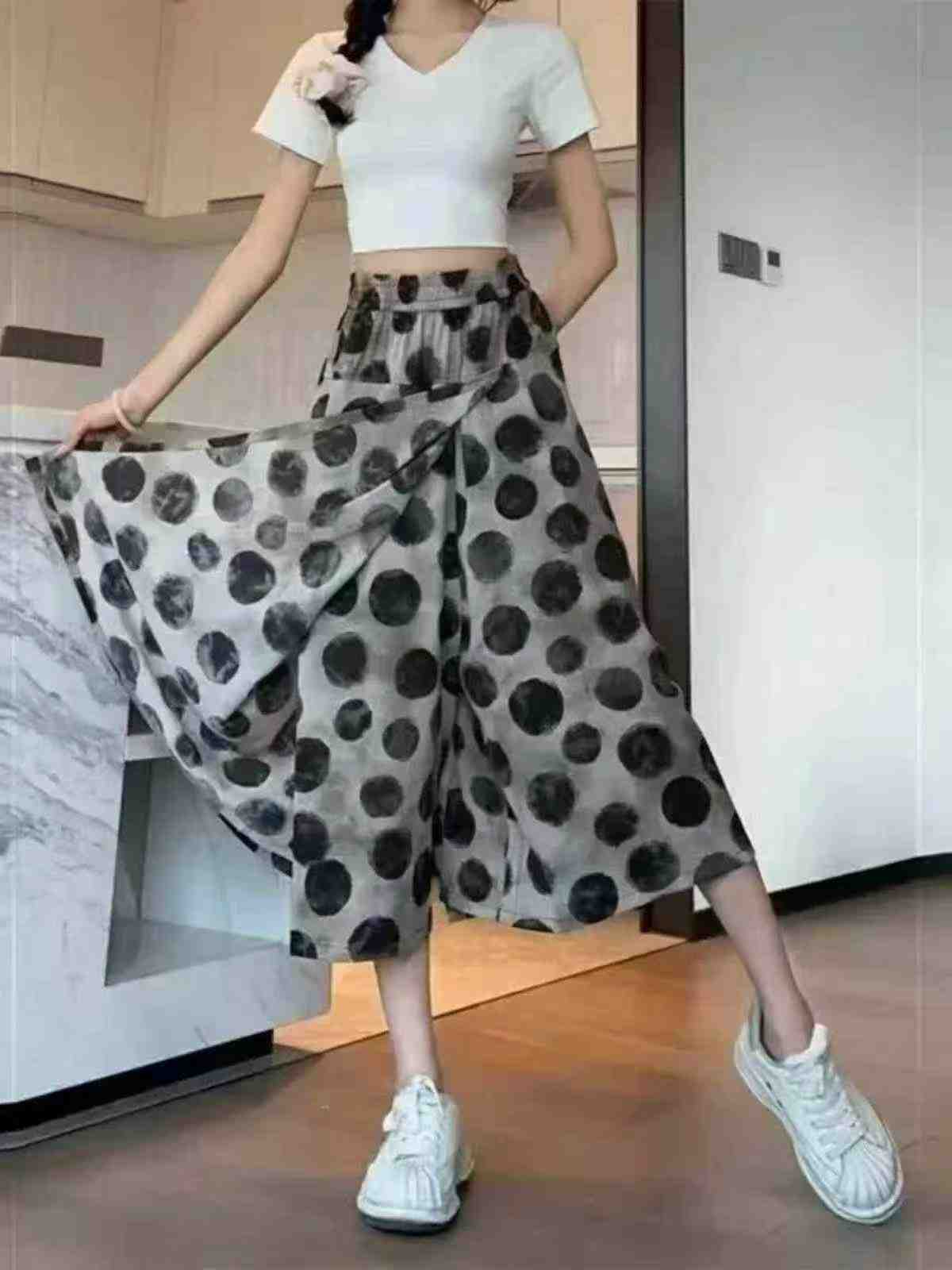 Pantalons culottes décontractés à pois taille haute pour femmes, 329 pièces - Image 5