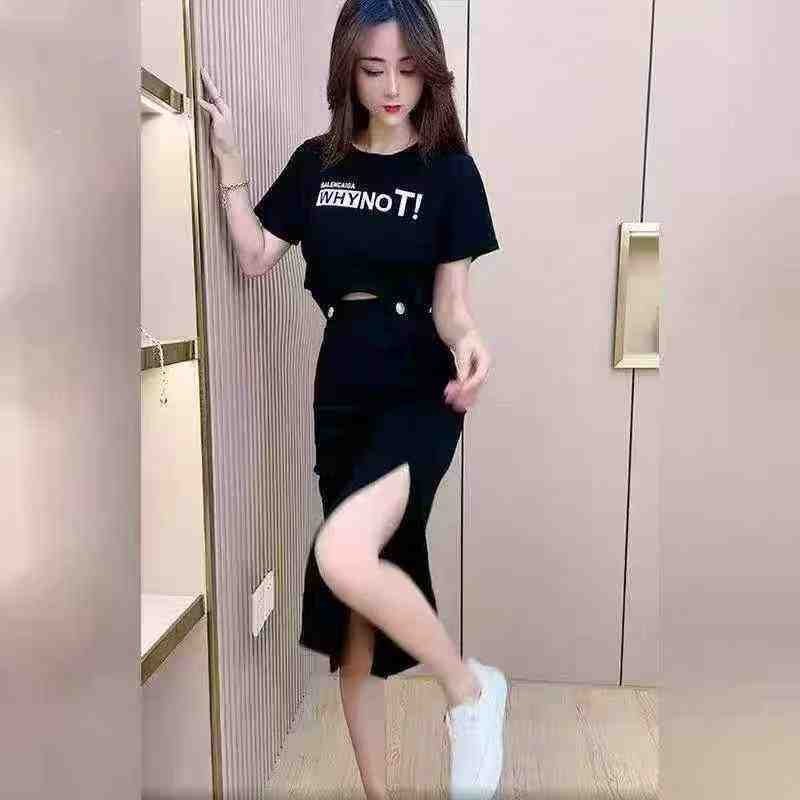 Set Dua Helai Lengan Pendek Leher Bulat Kapas Cetakan Huruf & Rok Belah, Kira-kira 310 Set - Image 2