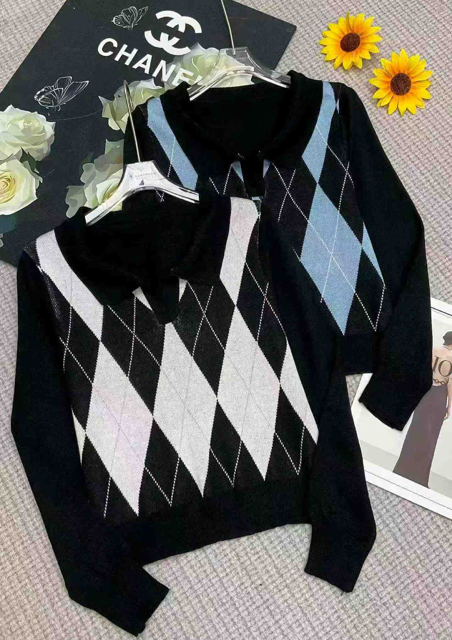 Top de punto holgado a cuadros de estilo coreano para primavera y otoño, con cuello polo y manga larga, 1180 piezas - Image 2