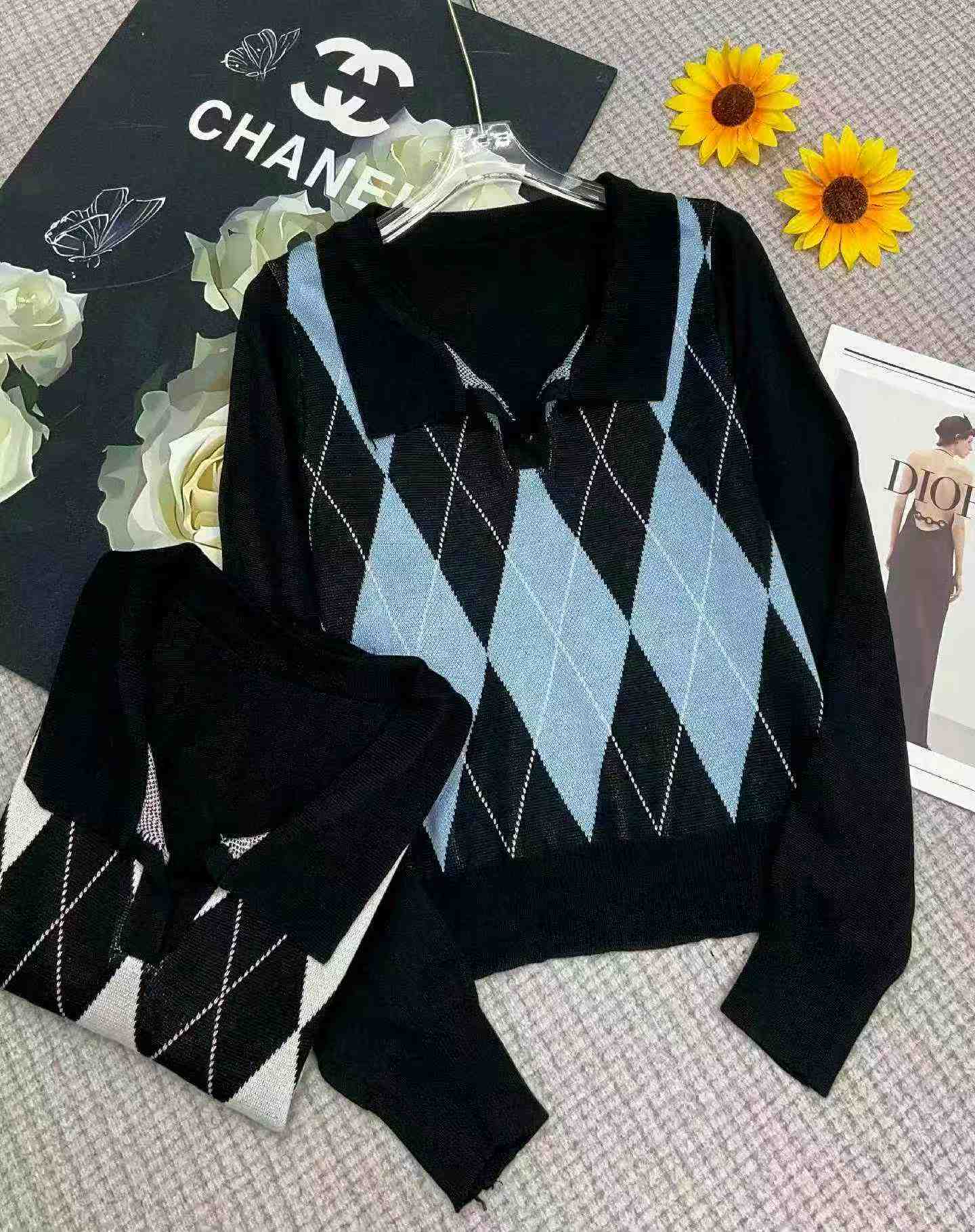 Top de punto holgado a cuadros de estilo coreano para primavera y otoño, con cuello polo y manga larga, 1180 piezas - Image 3