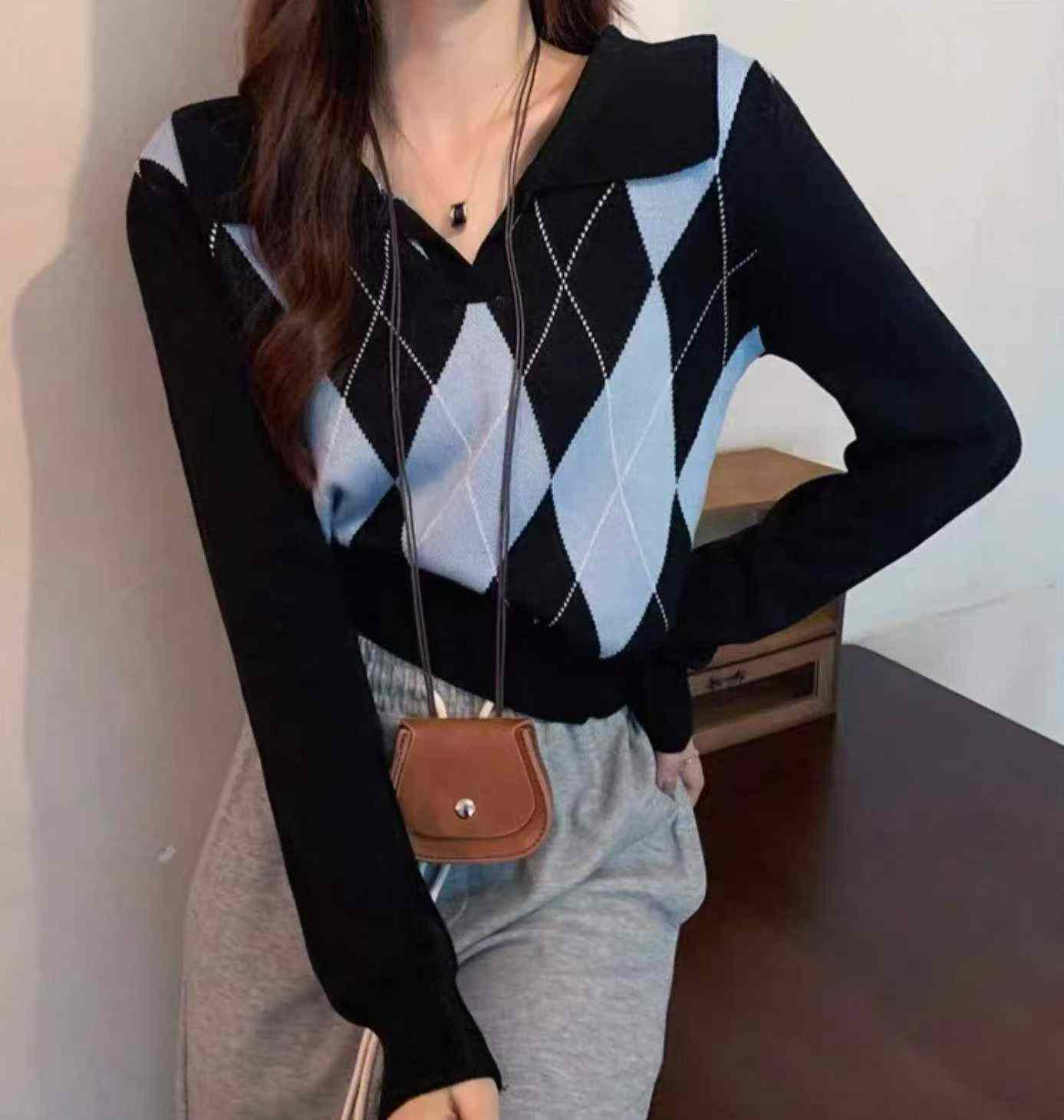 Top de punto holgado a cuadros de estilo coreano para primavera y otoño, con cuello polo y manga larga, 1180 piezas - Image 4