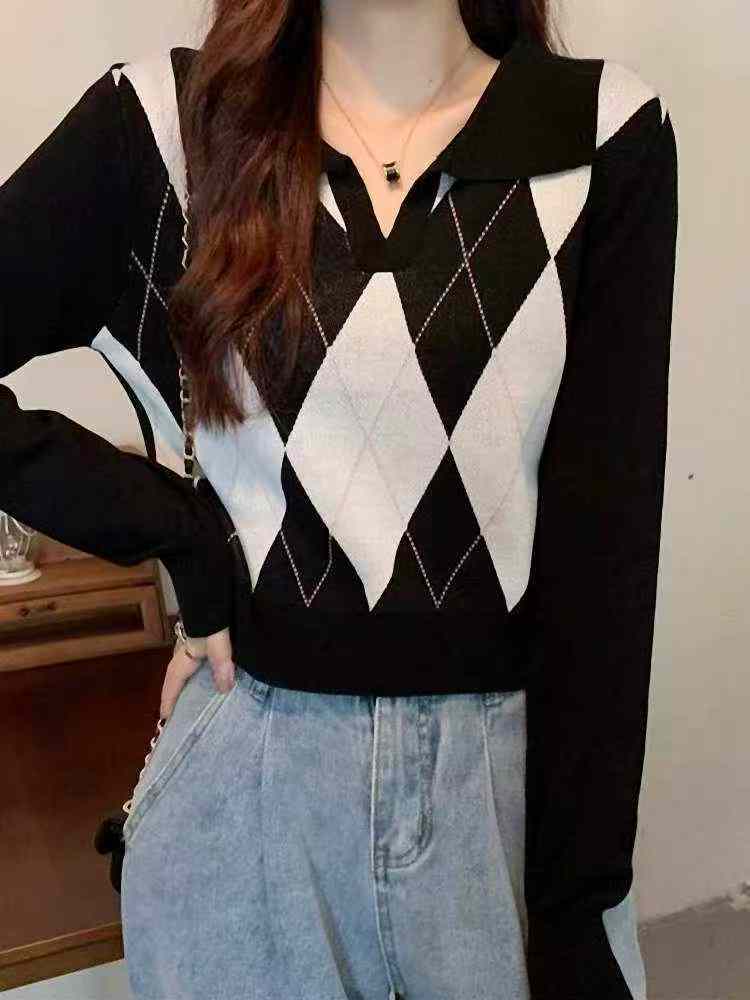 Top de punto holgado a cuadros de estilo coreano para primavera y otoño, con cuello polo y manga larga, 1180 piezas - Image 5