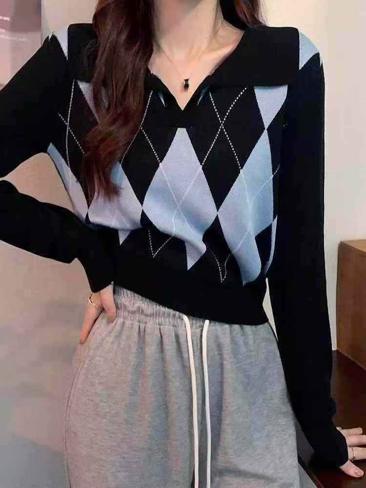 Top de punto holgado a cuadros de estilo coreano para primavera y otoño, con cuello polo y manga larga, 1180 piezas - Image 6