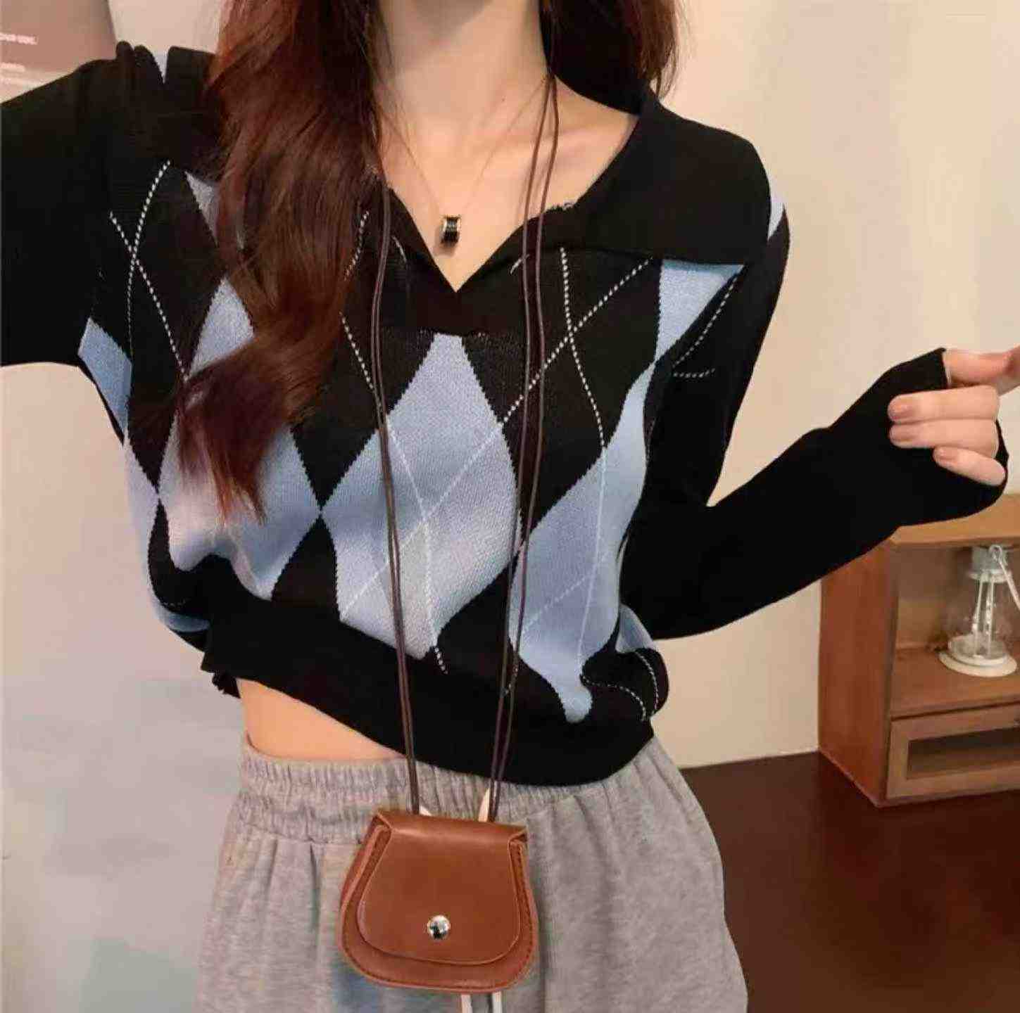 Top de punto holgado a cuadros de estilo coreano para primavera y otoño, con cuello polo y manga larga, 1180 piezas - Image 7