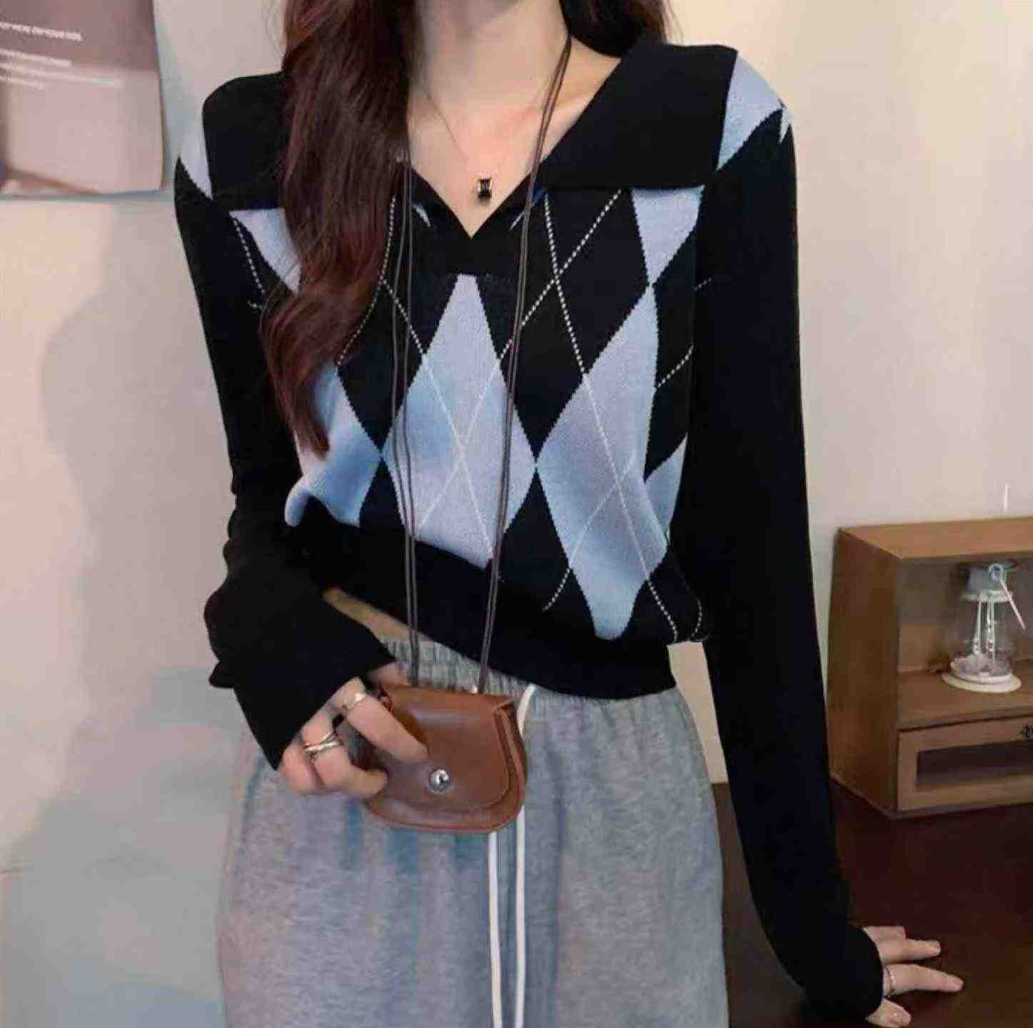 Top de punto holgado a cuadros de estilo coreano para primavera y otoño, con cuello polo y manga larga, 1180 piezas - Image 8