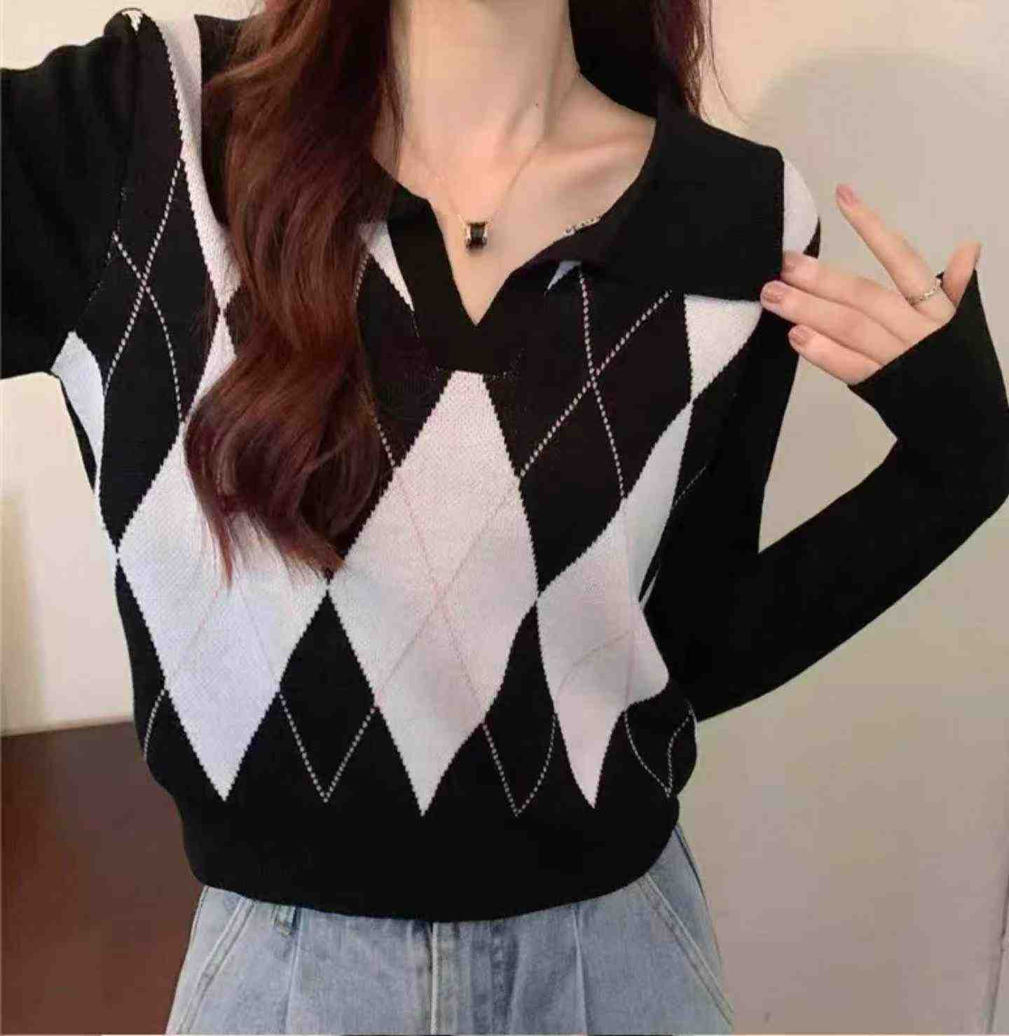 Top de punto holgado a cuadros de estilo coreano para primavera y otoño, con cuello polo y manga larga, 1180 piezas - Image 9
