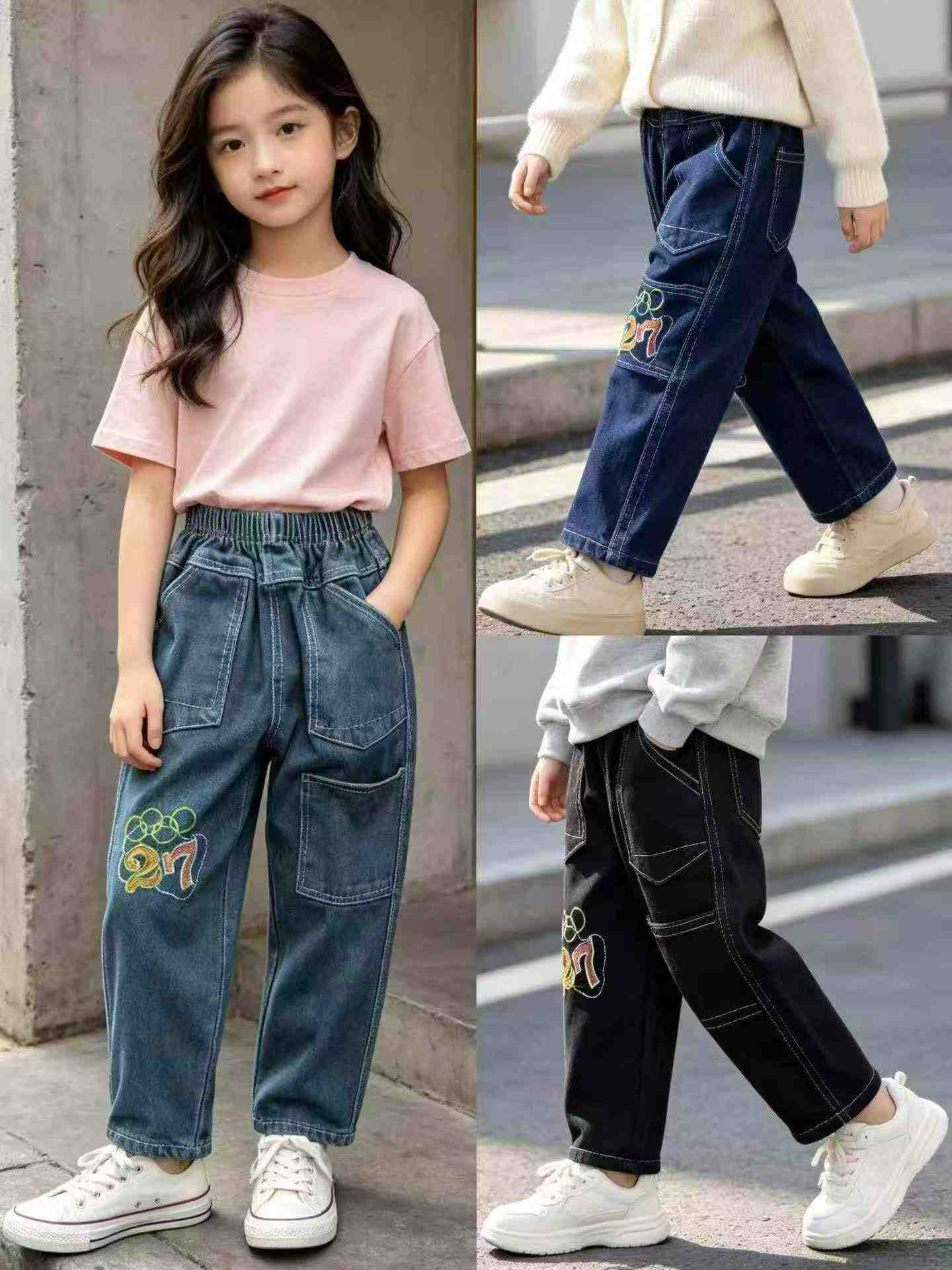 12000 Buah Celana Jeans Denim Lurus Longgar Berbordir Anak Musim Gugur - Image 7