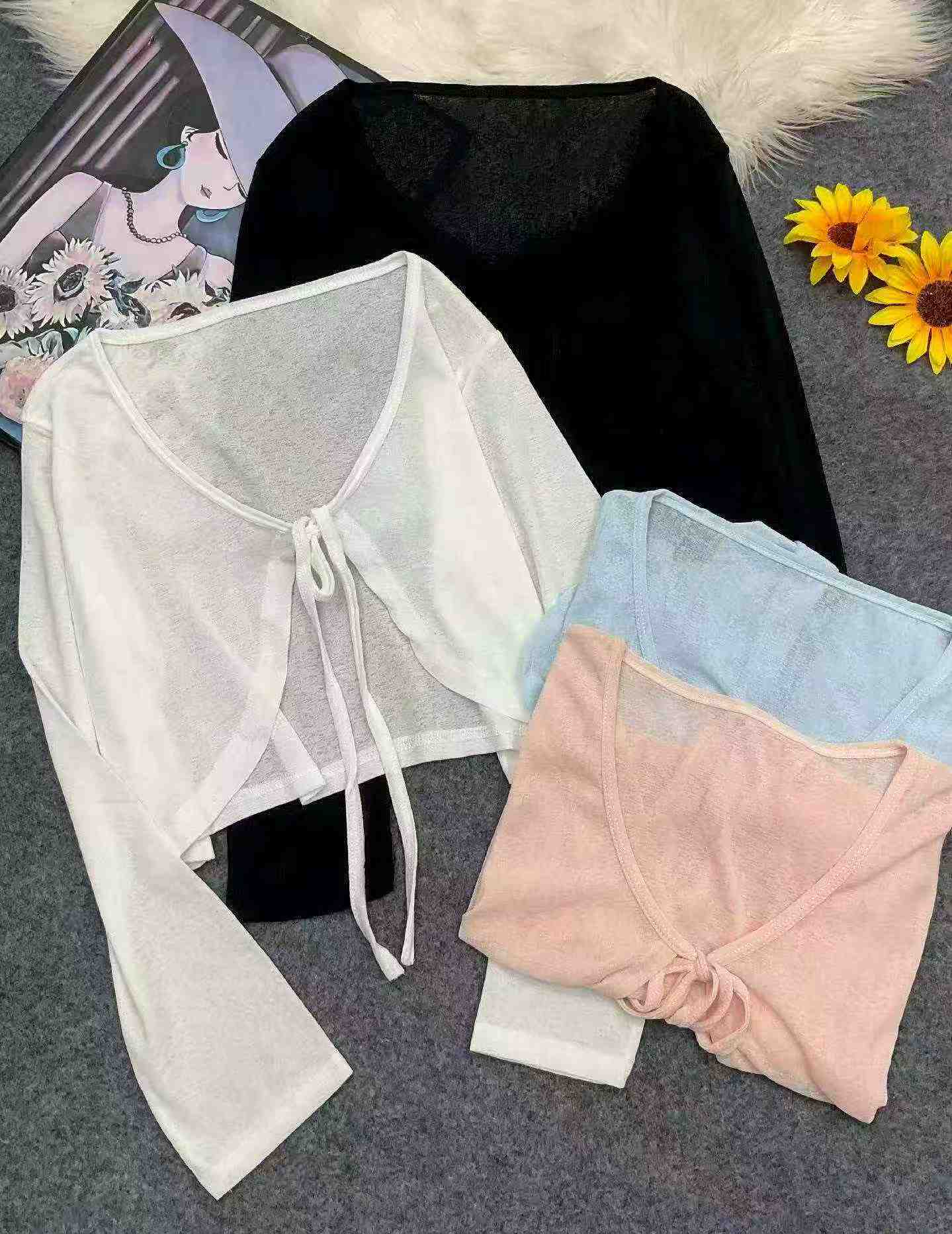 Nouveauté d'été : Cardigan en maille de soie glacée uni et sobre à col V à nouer, 340 pièces - Image 3