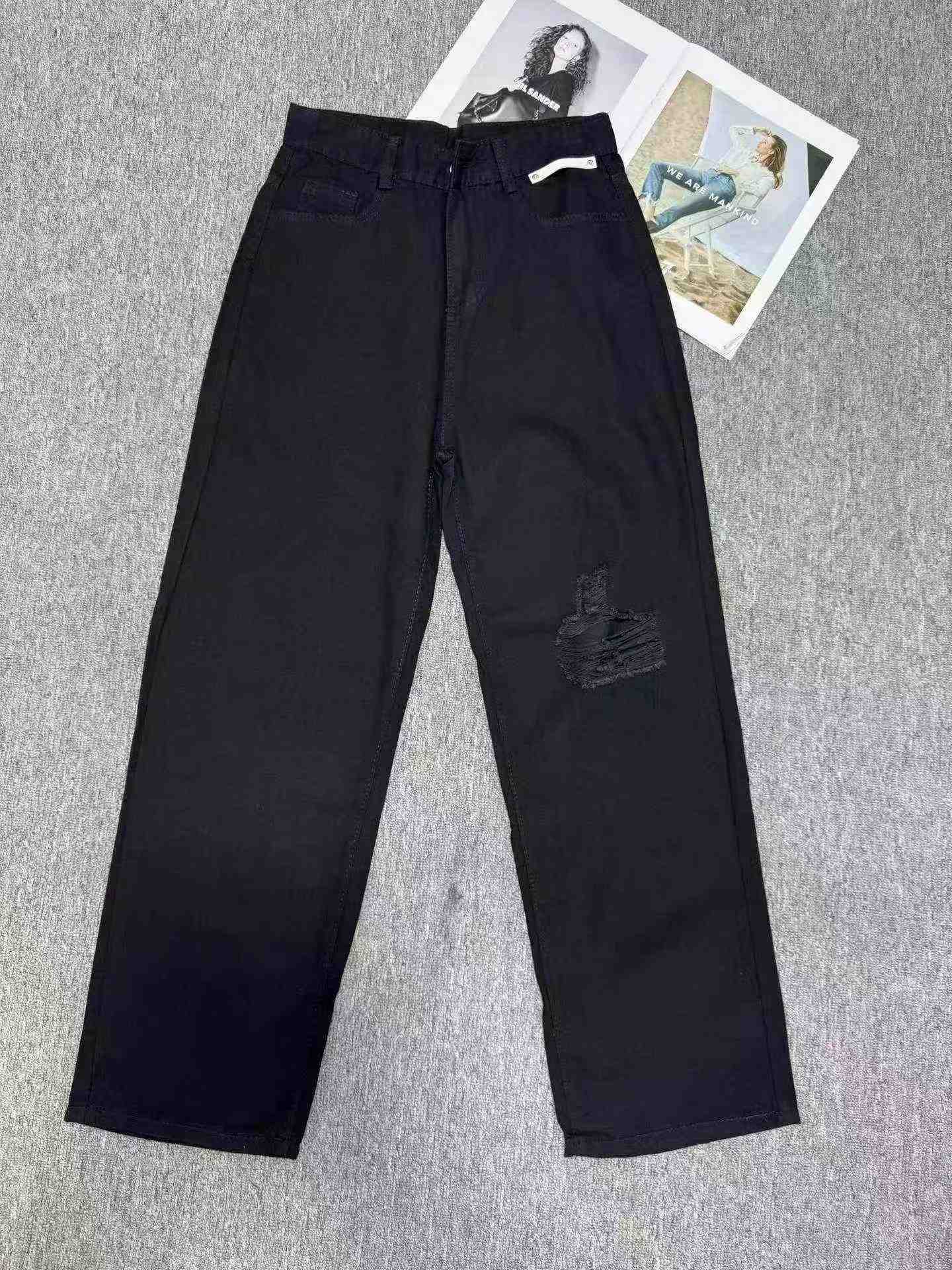 980 dona Tmall savdodan chiqarilgan dizayndagi qora yirtilgan keng oyoqli baland belli jinsi shimlar - Image 2