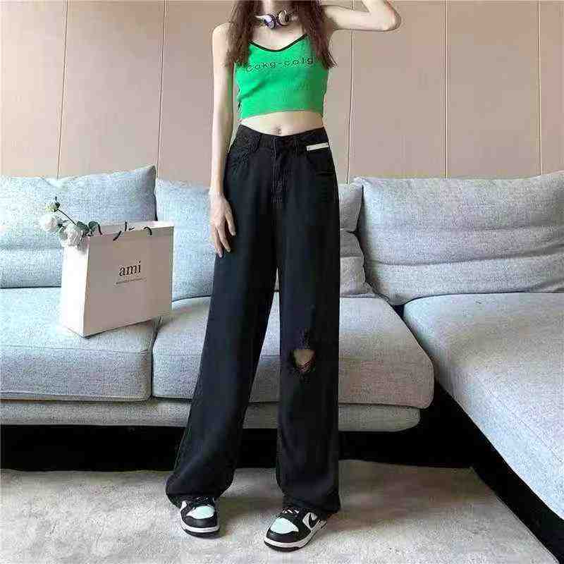 980 dona Tmall savdodan chiqarilgan dizayndagi qora yirtilgan keng oyoqli baland belli jinsi shimlar - Image 3